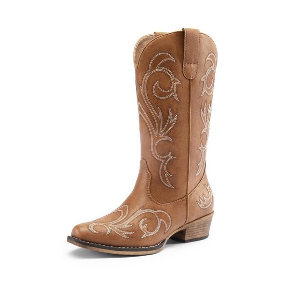 Women's Mid Calf Cowboy Boots Square Toe Chunky Heel Embroidery